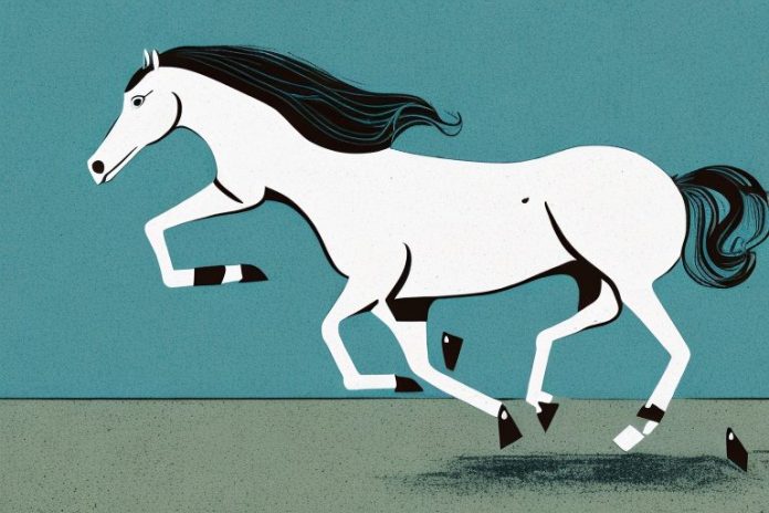 An american quarter horse galloping through a rural landscape