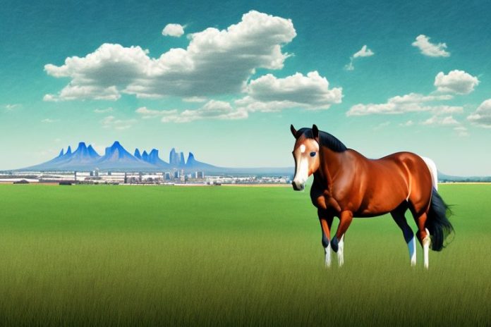 An american quarter horse in a field with a view of sasolburg in the background