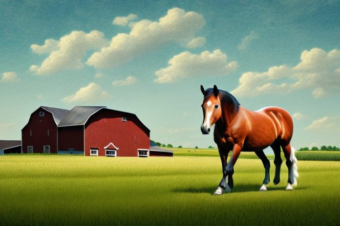 An american quarter horse in a rural landscape with a barn in the background