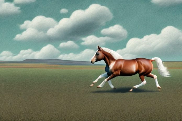 An american quarter horse galloping through a rural landscape near harrismith