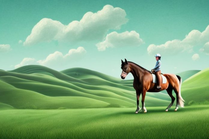 A horse and rider in a rural landscape