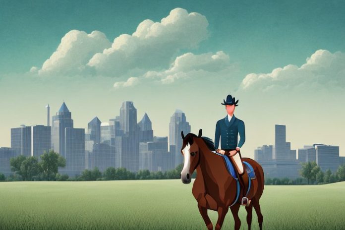 A horse and rider in a rural setting