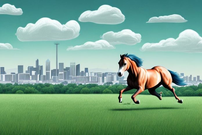 A horse galloping in a field with a backdrop of the roodepoort skyline