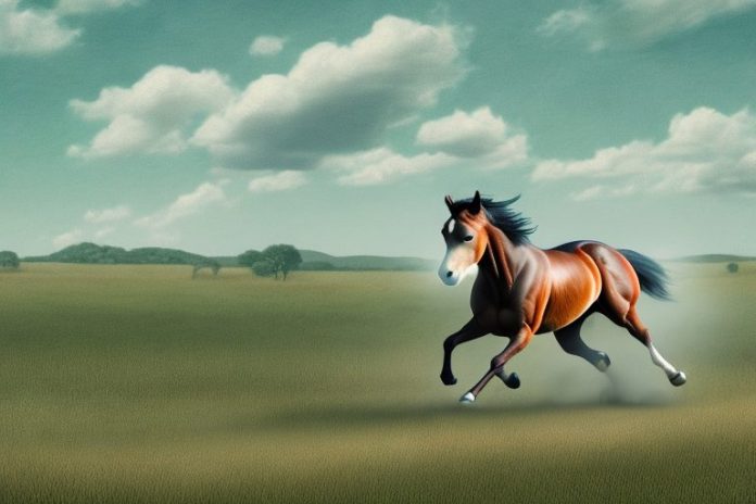 An american quarter horse galloping through a rural landscape in thohoyandou
