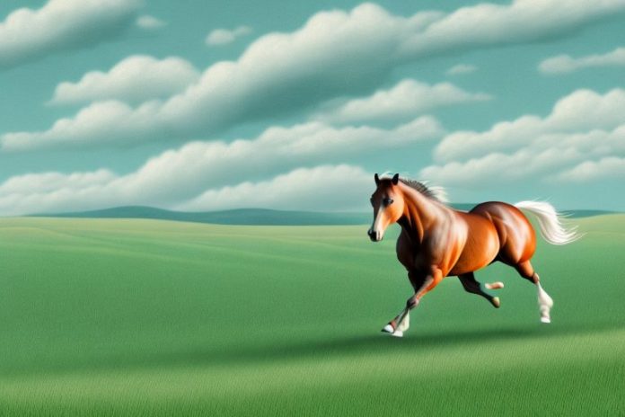 An american quarter horse galloping through a landscape of rolling hills and open plains