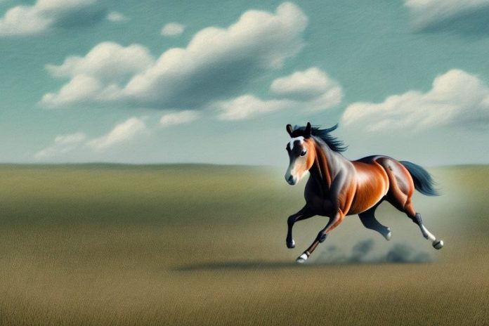An american quarter horse galloping through a rural landscape in giyani
