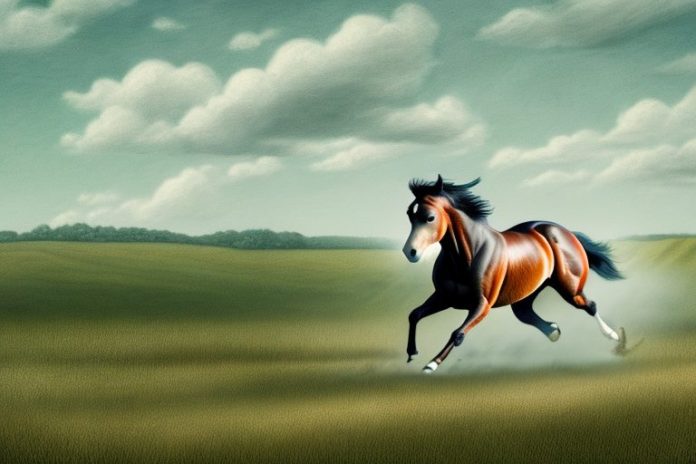 An american quarter horse galloping through a rural landscape in louis trichardt