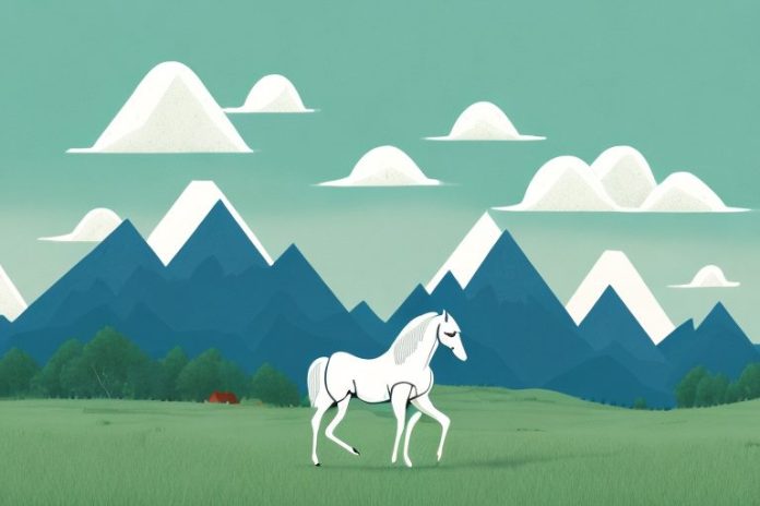 A horse in a field with mountains in the background