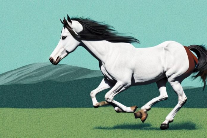 An american quarter horse galloping through a rural landscape