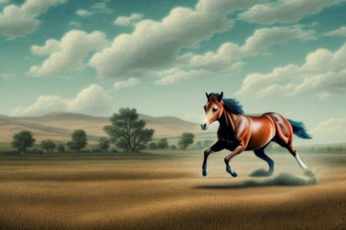 An american quarter horse galloping across a rural landscape in lydenburg