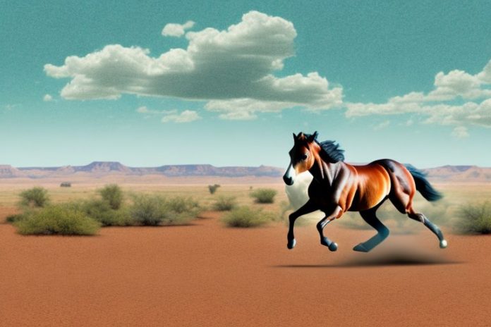 An american quarter horse galloping through a desert landscape in the northern cape