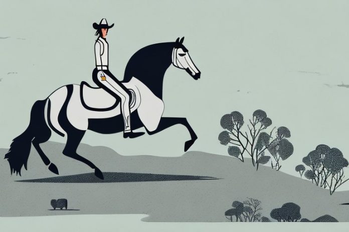 A horse and rider galloping through a rural landscape in kimberley
