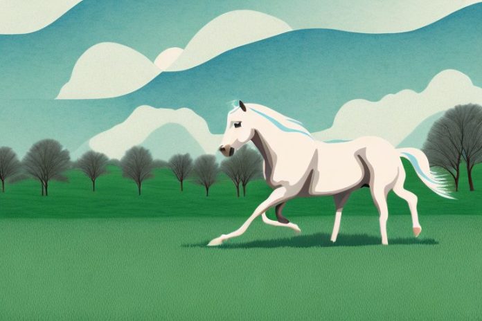 An american quarter horse galloping through a landscape of rolling hills and trees