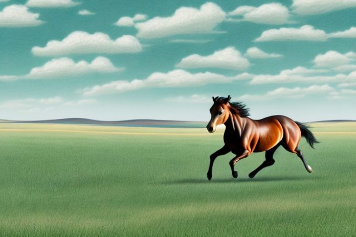An american quarter horse galloping through a landscape of rolling hills and plains in de aar