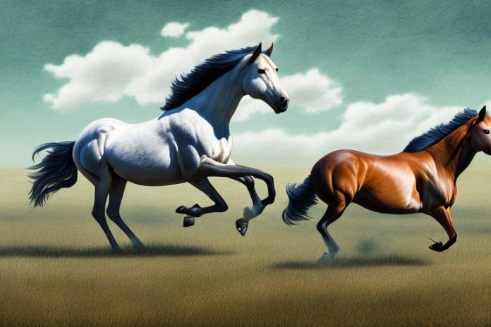 An american quarter horse galloping through a rural landscape in mafikeng
