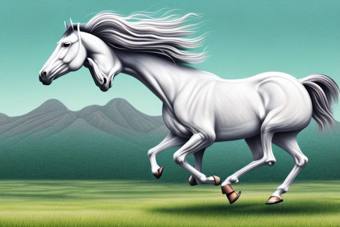 A majestic american quarter horse galloping through a scenic landscape in hartbeespoort