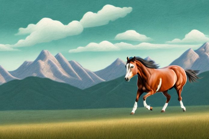 An american quarter horse galloping through a rural landscape with mountains in the background