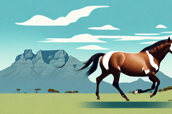 An american quarter horse galloping through a scenic landscape in cape town