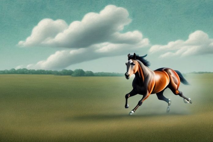 An american quarter horse galloping through a rural landscape in mabopane