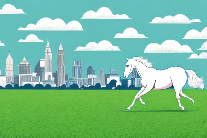 A horse galloping in a field with a backdrop of the george skyline