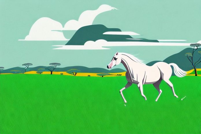 A horse galloping through a grassy landscape in knysna
