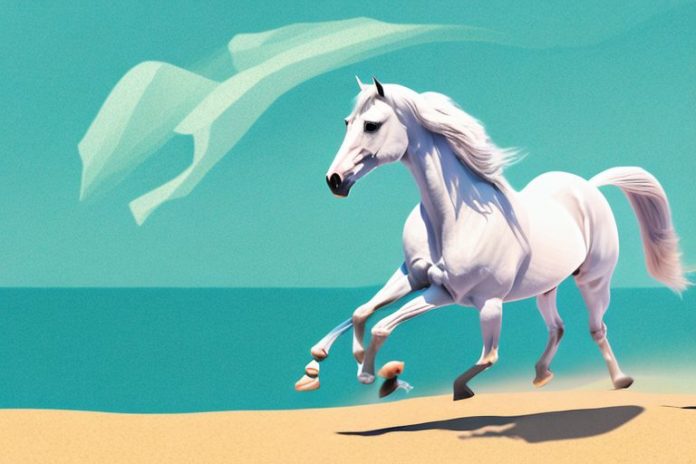 An arabian horse galloping through a beach landscape