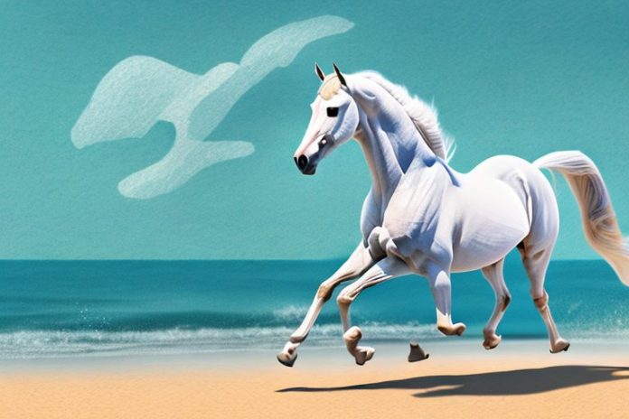 An arabian horse galloping along a beach in margate
