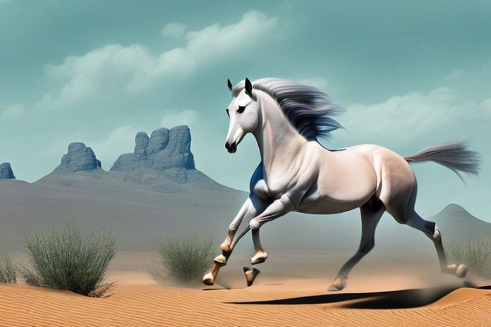 An arabian horse galloping through a desert landscape in the eastern cape