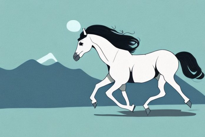 An arabian horse galloping through a mountainous landscape