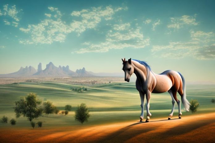 An arabian horse in a rural landscape with a view of aliwal north in the background