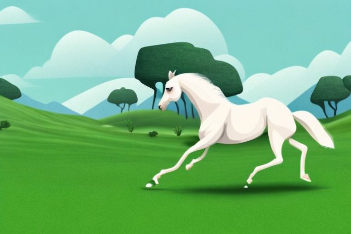 An arabian horse galloping through a landscape of rolling hills and lush vegetation