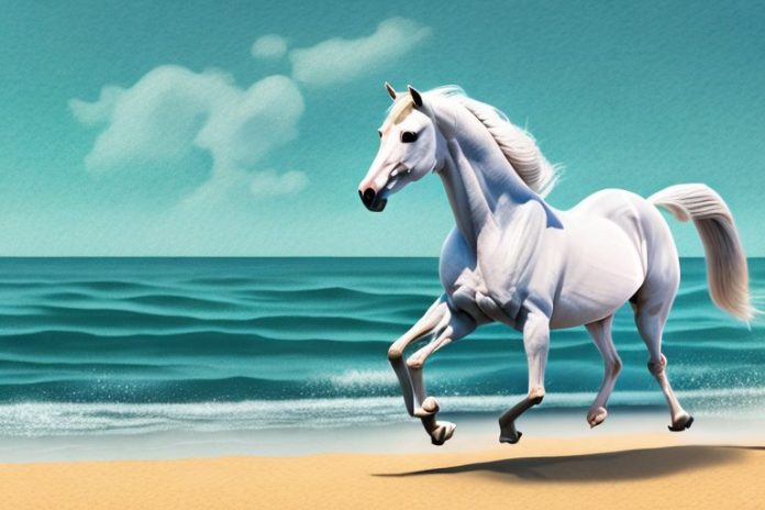 An arabian horse galloping along a beach in jeffreys bay