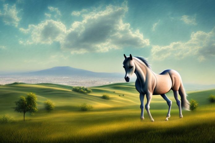 An arabian horse in a rural landscape