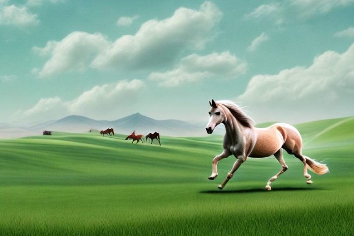 An arabian horse galloping through a rural landscape with rolling hills and farmland
