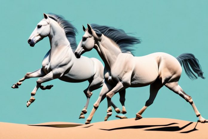 An arabian horse galloping across a desert landscape