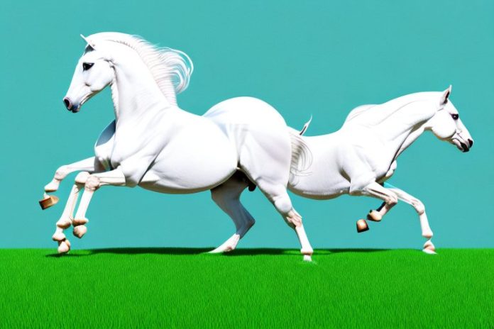 A majestic arabian horse galloping through a grassy landscape