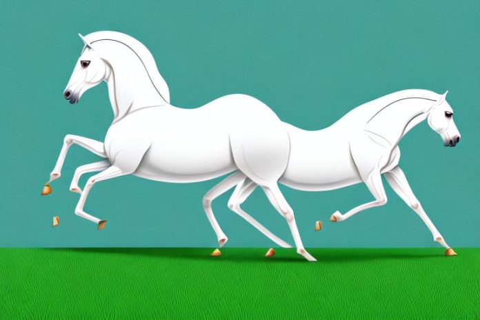 An arabian horse galloping through a grassy landscape