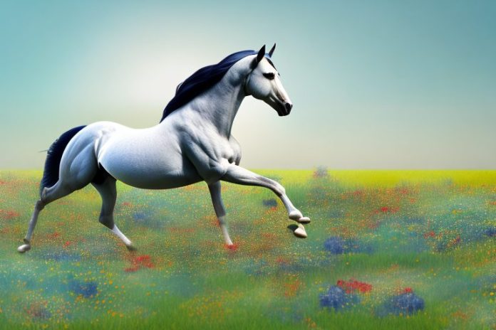 An arabian horse galloping in a field of wildflowers in roodepoort