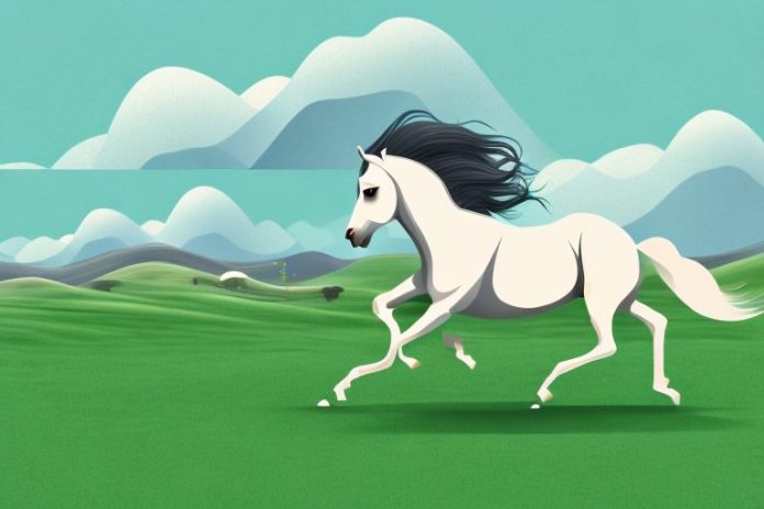 An arabian horse galloping through a landscape of rolling hills and grasslands