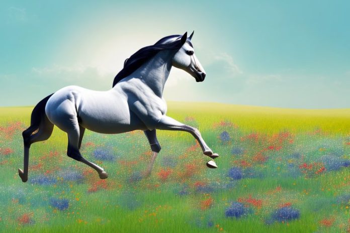 A majestic arabian horse galloping through a field of wildflowers in bloemfontein