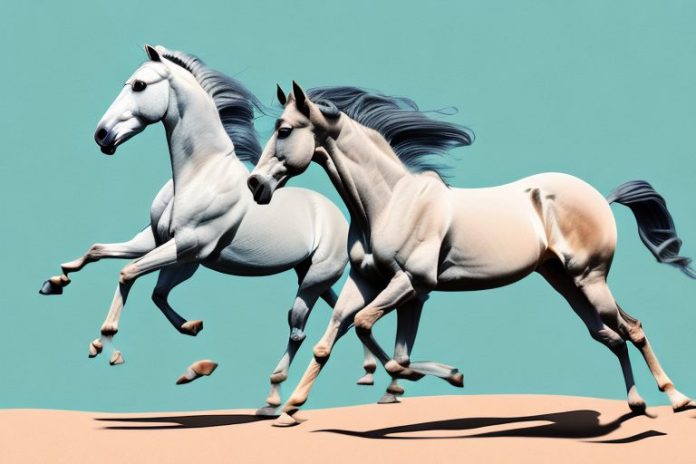 An arabian horse galloping through a desert landscape