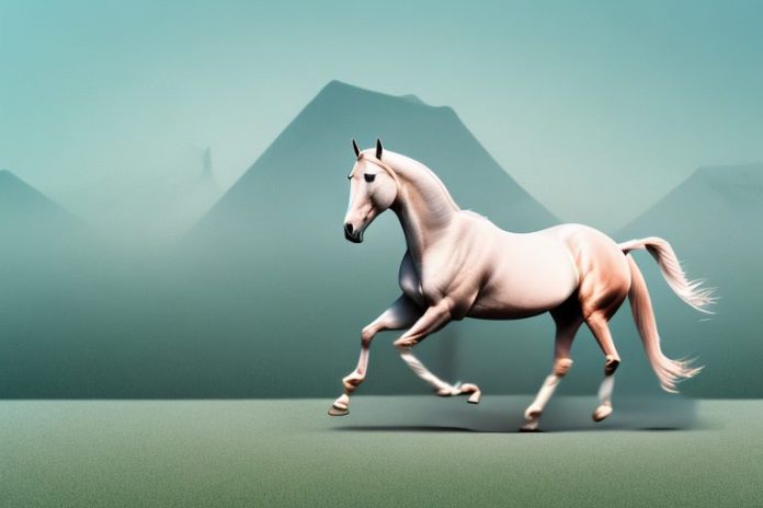 An arabian horse galloping through a white river