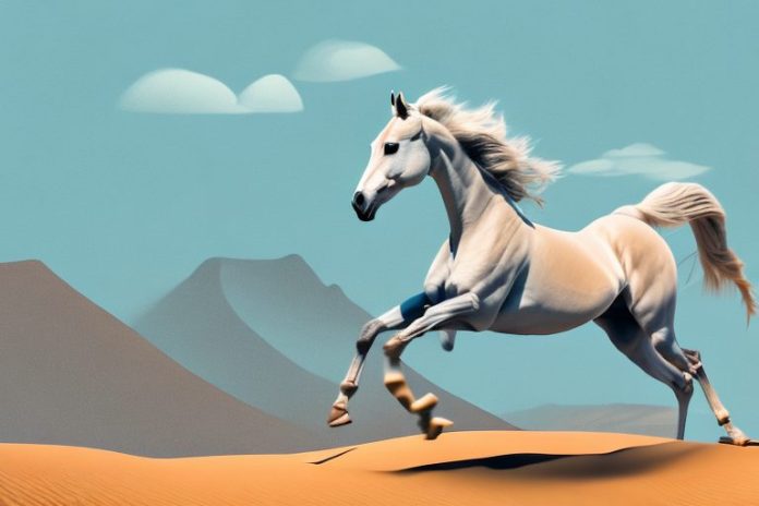 An arabian horse galloping through a desert landscape in the northern cape