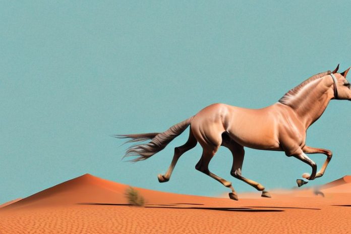 An arabian horse galloping across a desert landscape in kimberley