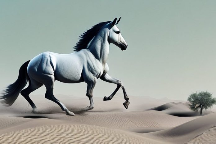 An arabian horse galloping through the desert landscape of upington