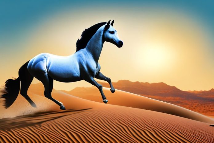 An arabian horse running through a desert landscape