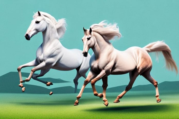 An arabian horse galloping through a rural landscape