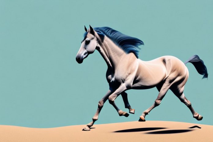 An arabian horse galloping in a desert landscape