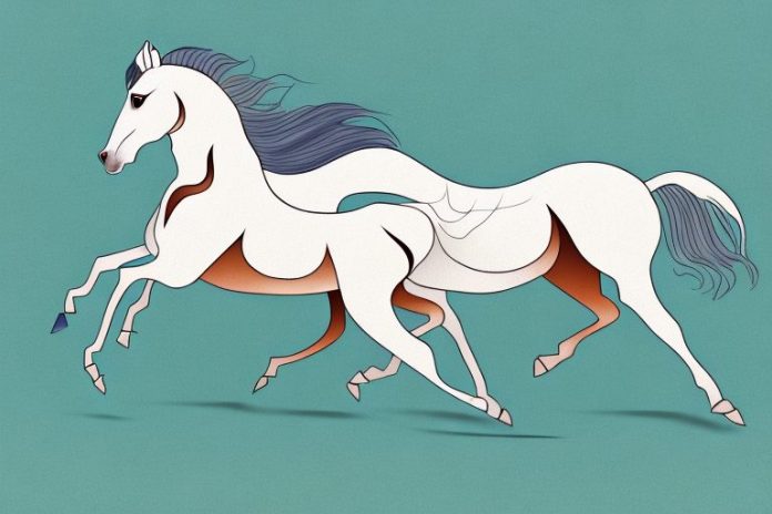 An arabian horse galloping through a rural landscape