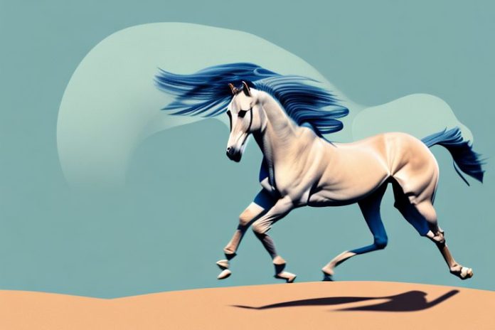 An arabian horse galloping through a desert landscape